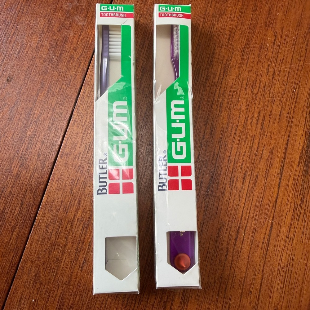 Old Stock Butler GUM Toothbrush Set 2 Pack Purple Tapered Bristles Adult Dental